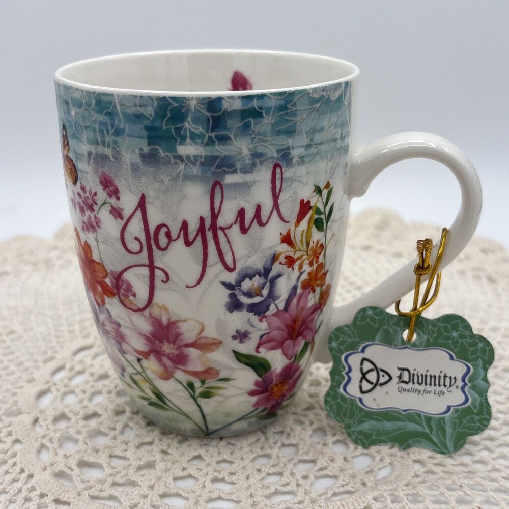 Divinity Boutique Joyful Coffee Mug Floral Butterfly Christian Psalm 16:11